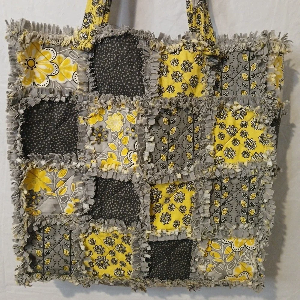 Handmade Quilted Bag Large With Button Closure Yellow Gray‎ And Black